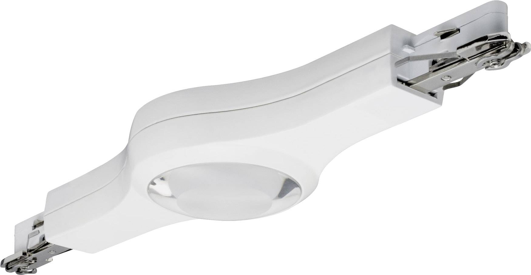 Biała lampa sufitowa z regulowanymi zatrzaskami na obu końcach, przeznaczona do montażu w sufitach podwieszanych.