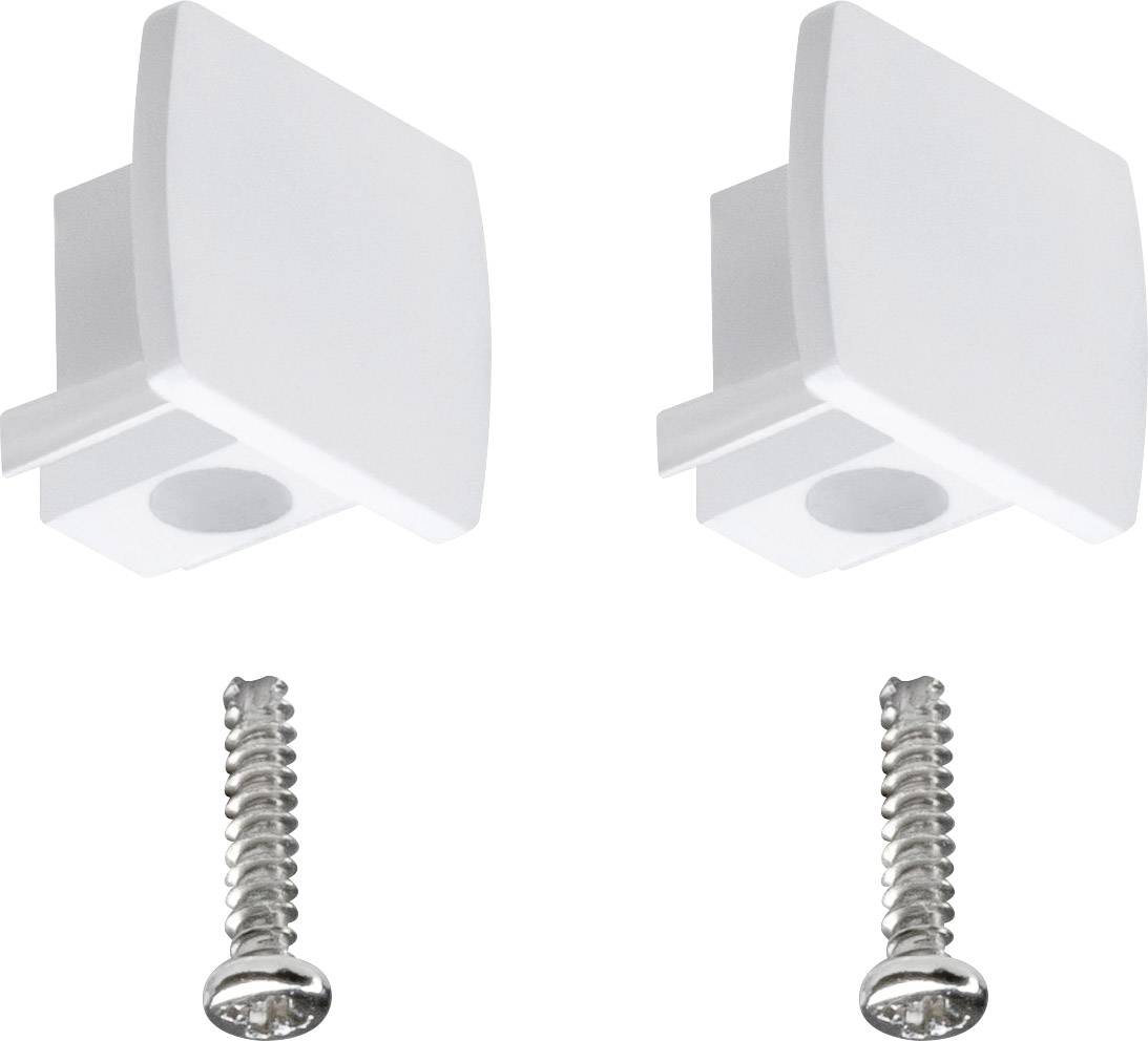 Dwie białe zaślepki końcowe oraz odpowiednie śruby, które są używane jako akcesoria do montażu profili LED.