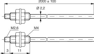 Rysunek techniczny cylindrycznej pręta metalowego z wymiarami; długość: 2000 ± 100 mm, średnica: 2,2 mm, gwint: M2,6 i M4.