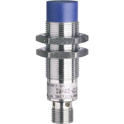 Cylindryczny czujnik z niebieską głowicą i metalowym gwintem. Oznaczony napisem 'TRINEX SA DW-AS-6J'. Wyprodukowany w Szwajcarii.