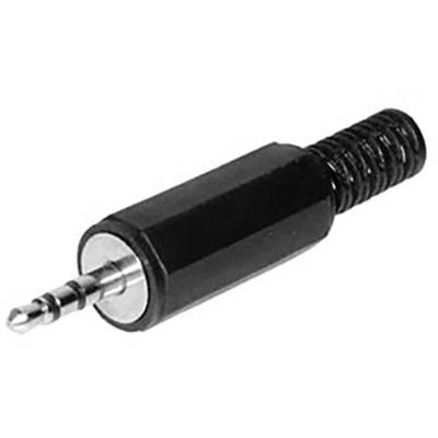 Czarny wtyk audio z metalowym końcem, powszechnie stosowany w złączach słuchawek lub głośników.