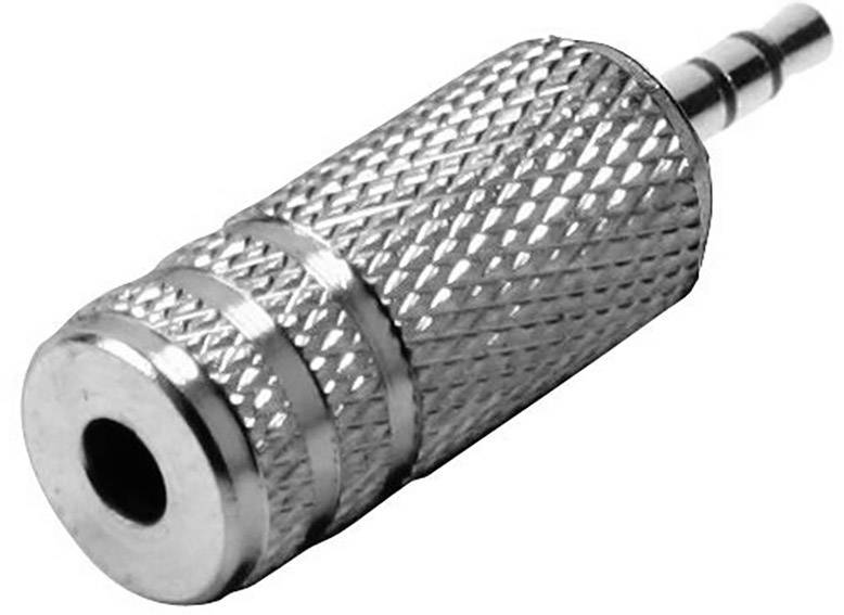 Metalowy adapter z małym zakończeniem i szeroką końcówką, używany do połączeń audio, kompaktowy i wytrzymały.