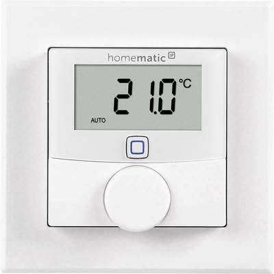 Termostat z wyświetlaczem '21,0°C', poniżej przycisk i pokrętło regulacyjne. Nadruk marki 'homematic IP'.
