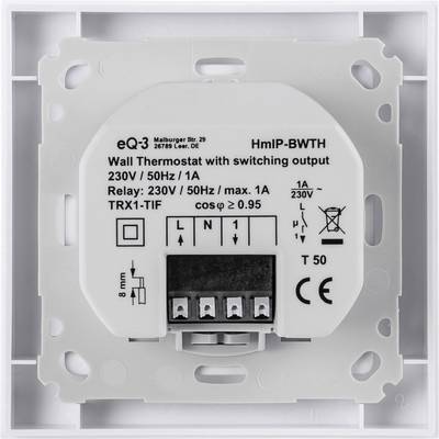Naścienny termostat firmy eq-3 z przełączalnym wyjściem, 230V/50Hz/1A. Widoczne są przyłącza i symbole techniczne.