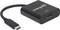 Czarny adapter marki Manhattan z wtykiem USB-C po jednej stronie i wtykiem HDMI po drugiej stronie.