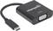 Czarny adapter USB-C do VGA z logo Manhattan, umożliwiający podłączenie urządzeń z interfejsem USB-C do monitorów VGA.