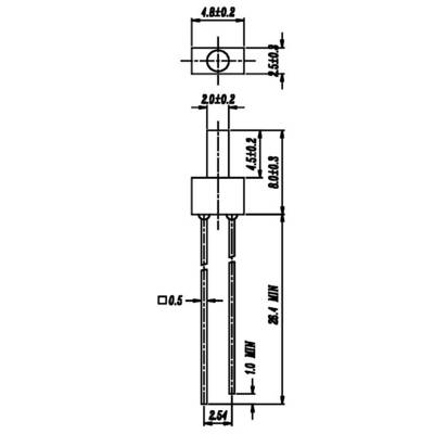Rysunek techniczny elementu elektronicznego z wymiarami: 3,5 mm szerokości, 20 mm wysokości i 25,4 mm długości przewodu.