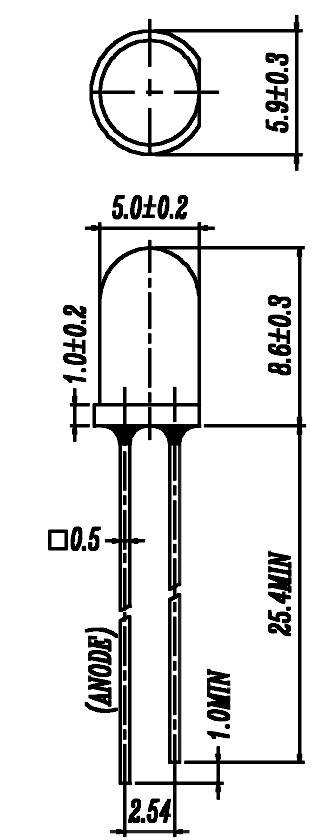 Rysunek techniczny diody LED z wymiarami: średnica 5 mm, długość 8,6 mm, rozstaw pinów 2,54 mm.