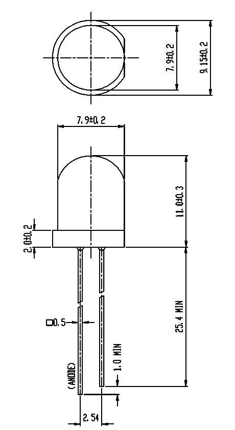 Rysunek techniczny obudowy diody LED. Szczegółowe wymiary: wysokość 11 mm, średnica 7,9 mm, długość wyprowadzeń minimum 25,4 mm.