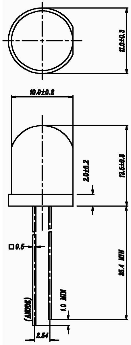 Rysunek techniczny cylindrycznej diody LED z wymiarami w milimetrach; średnica: 10, wysokość: 13,54, długość nóżek: 25,4.