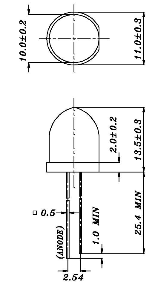Rysunek techniczny diody LED z wymiarami. Przedstawia widok z przodu i z boku, w tym średnicę i rozstaw pinów.