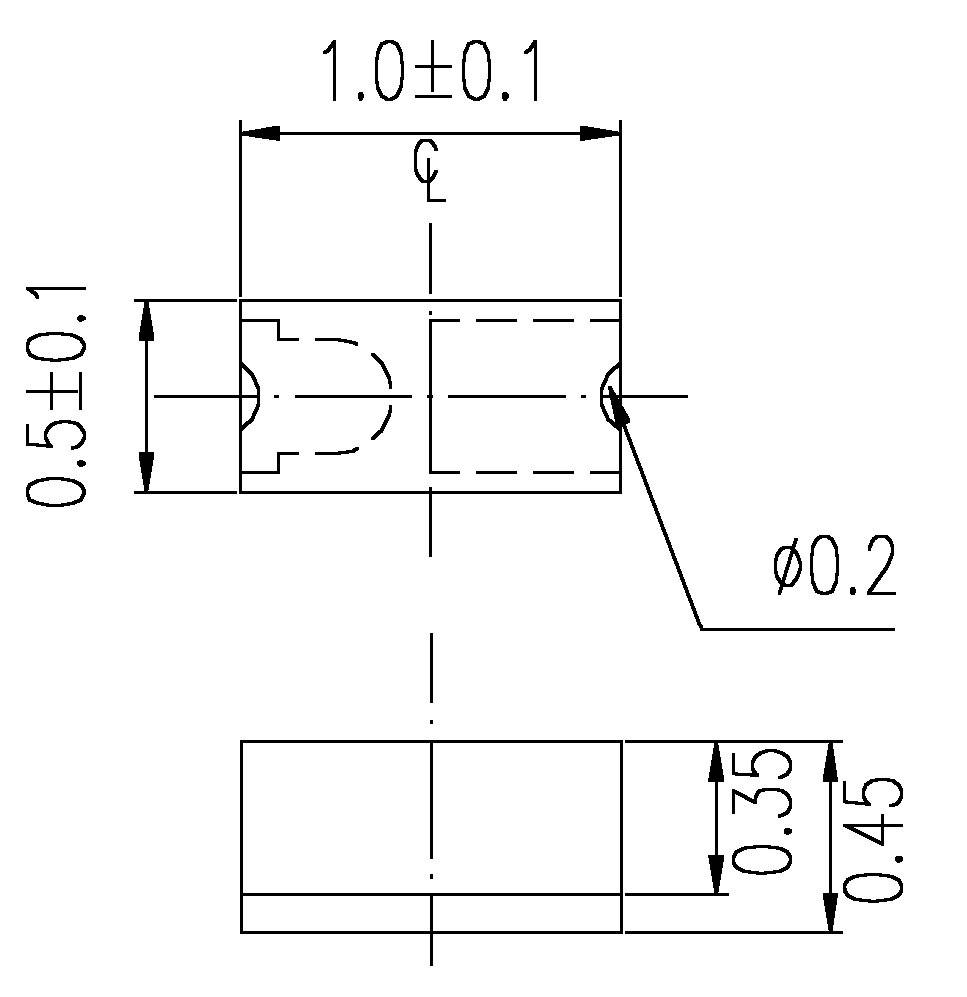 Rysunek techniczny elementu z wymiarami: długość 1,0±0,1, szerokość 0,5±0,1, średnica 0,2, wysokość 0,35/0,45.