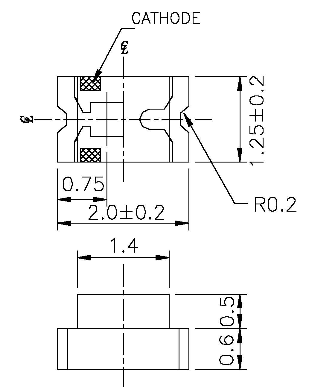 Rysunek techniczny elementu elektronicznego z wymiarami w milimetrach. Zawiera adnotacje dotyczące katody oraz szczegółowych parametrów wymiarowych.