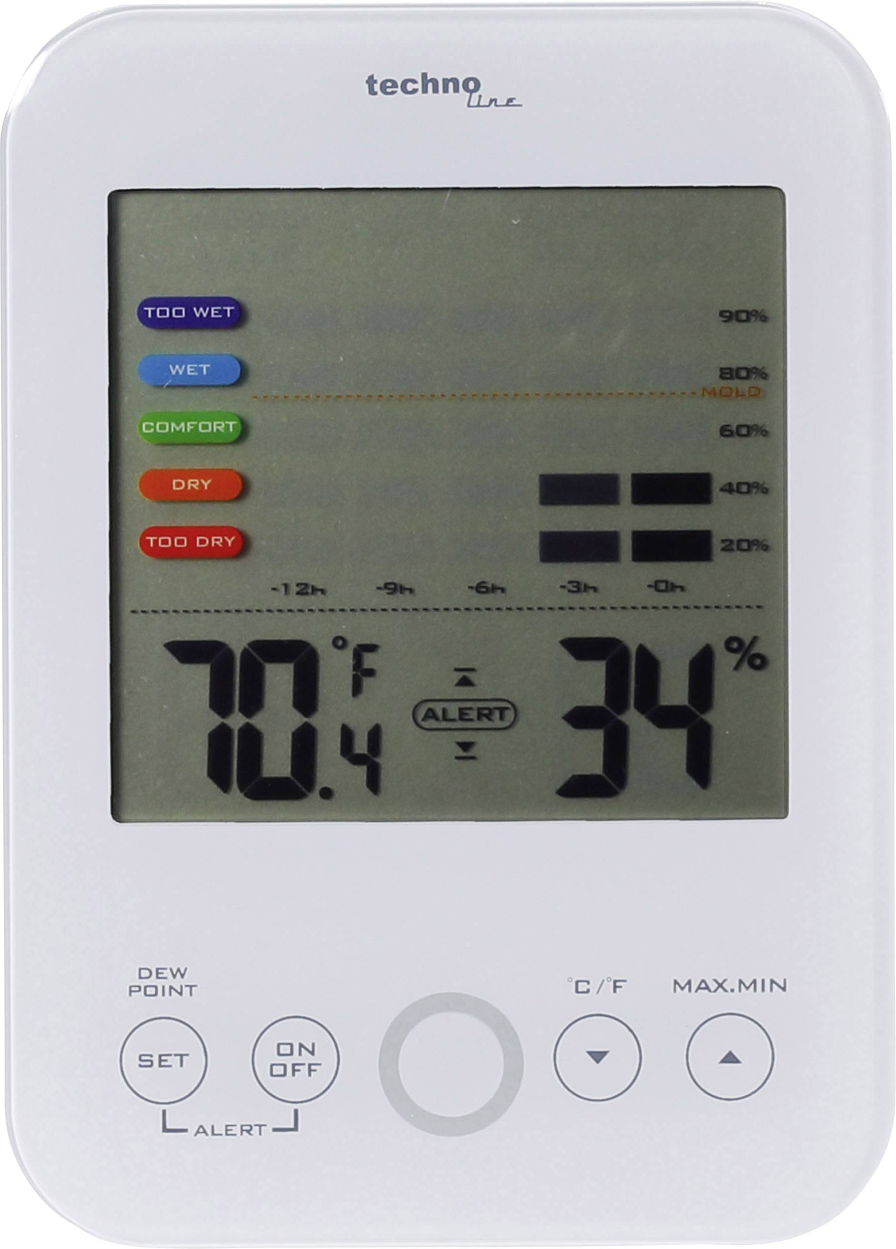 Cyfrowy termohigrometr z kolorowymi wskaźnikami różnych poziomów wilgotności. Wyświetla temperaturę 70,4 °F i 34% wilgotności powietrza.