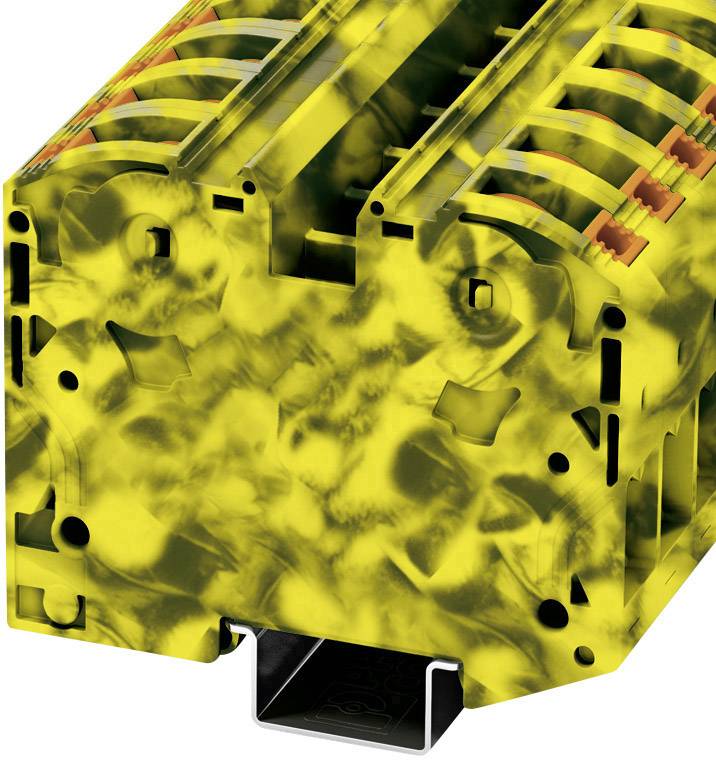 Żółty blok szyn prądowych z czarnym wzorem; kompaktowa budowa, przemysłowy design; odpowiedni do połączeń elektrycznych.