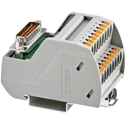 Szary elektroniczny złącze z wieloma zaciskami przyłączeniowymi i 15-stykowym elementem połączeniowym.