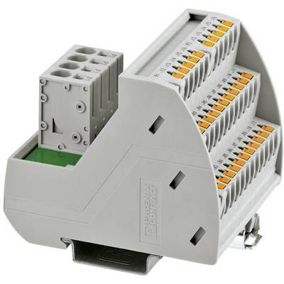 Szary elektryczny złączka przyłączeniowa o wielu gniazdach, każde z pomarańczowymi dźwigniami zaciskowymi.