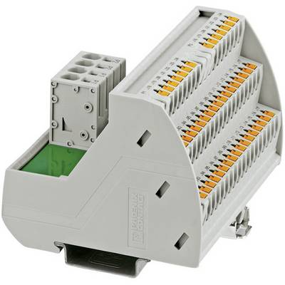 Szary, wielowarstwowy blok zaciskowy elektryczny z wieloma zaciskami przyłączeniowymi i pomarańczowymi dźwigniami do montażu na szynie DIN.
