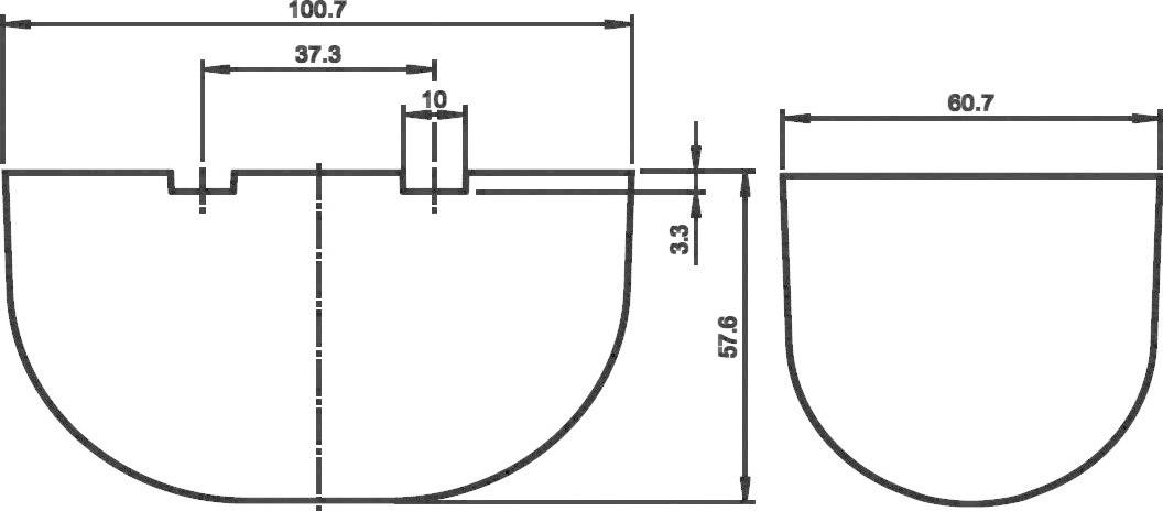 Rysunek techniczny struktury półokrągłej z wymiarami: szerokość 100,7, wysokość 67,6, głęboka miska z wycięciem górnym, szerokość 60,7.
