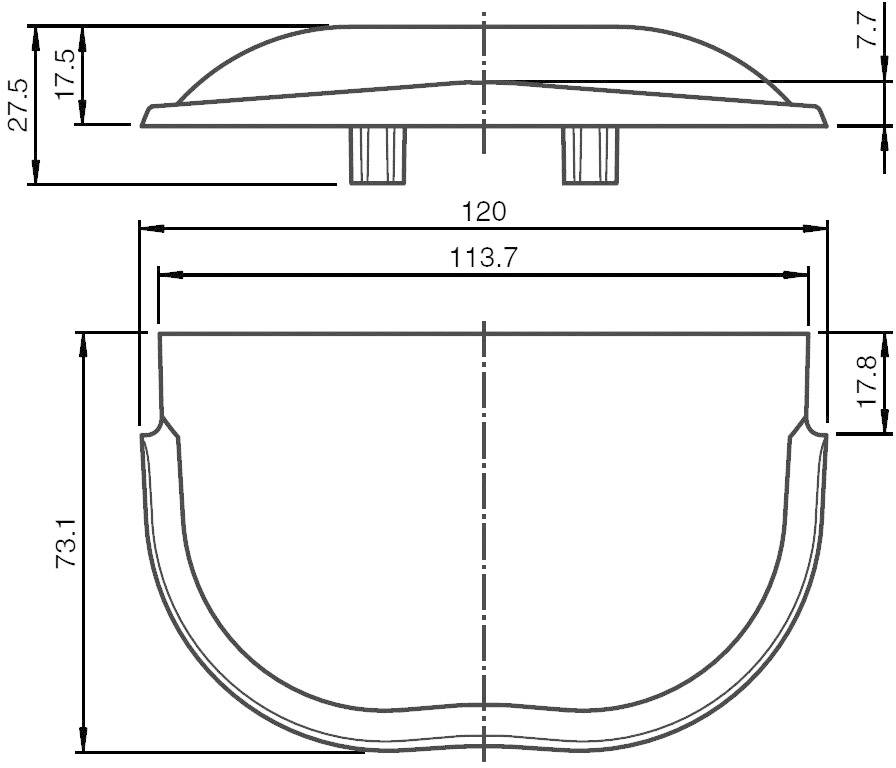 Rysunek techniczny elementu półkulistego z wymiarami: szerokość 120 mm, wysokość 73,1 mm. Zawiera dokładne oznaczenia wymiarowe.