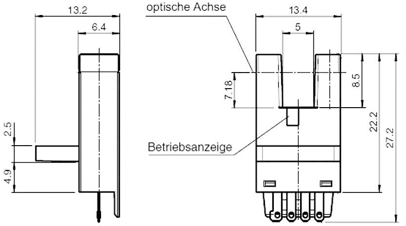 Schematyczny rysunek czujnika optycznego z wymiarami technicznymi: wysokość 27,2 mm, szerokość 13,4 mm. Przedstawia styki przyłączeniowe i lampkę roboczą.