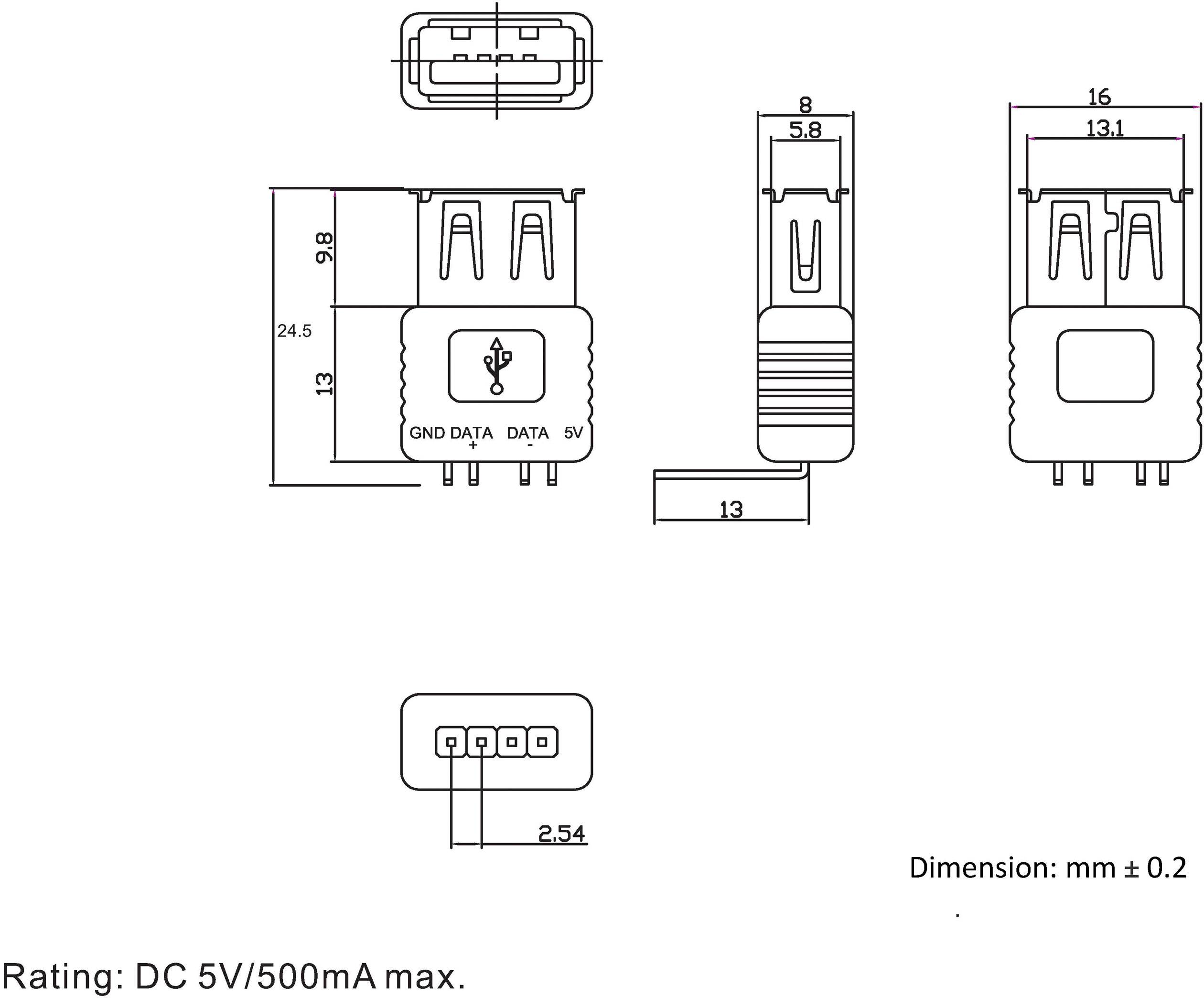 'Schemat elektryczny złącza USB z wymiarami: szerokość 13 mm, wysokość 13,1 mm, długość 24,5 mm. Napięcie: 5V DC, maks. 500 mA.'