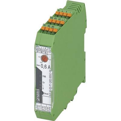 'Elektroniczne urządzenie ochronne, zielone, maks. 0,6A natężenia prądu, Phoenix Contact, PWR, Err, LR, Reset. Złącza na górnej powierzchni.'