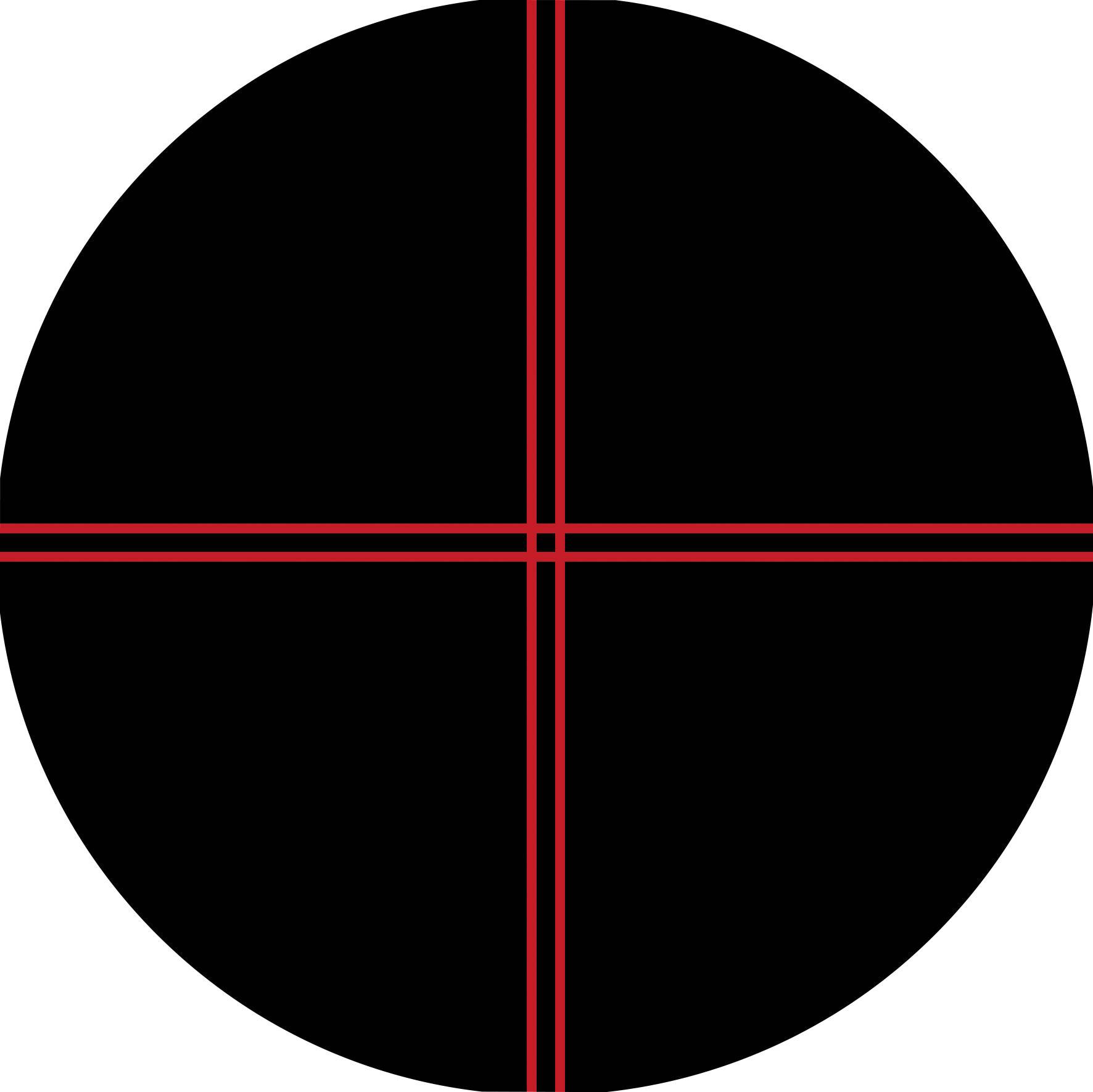 Czarny okrąg z czerwonym krzyżem w środku.