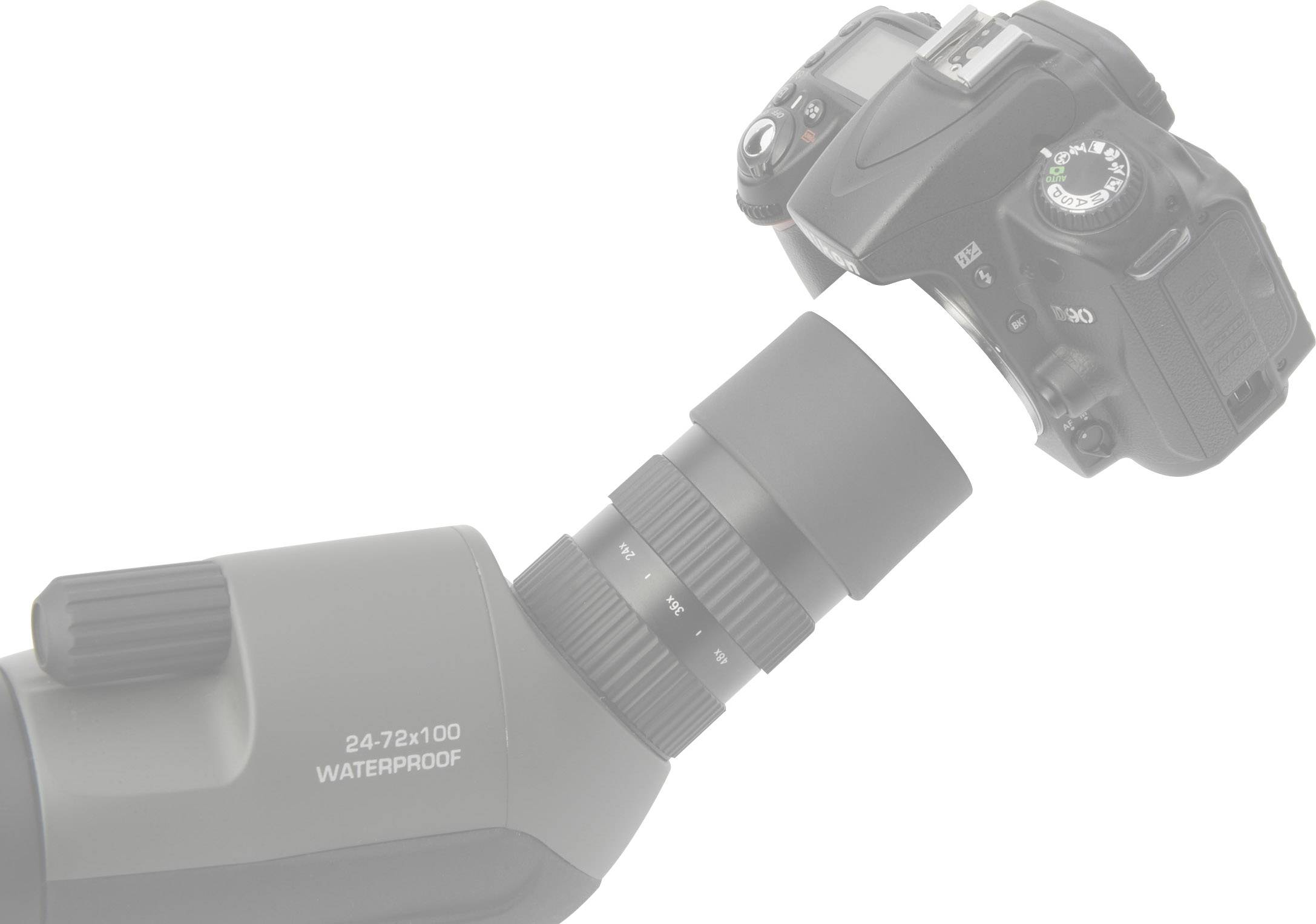 Cyfrowy aparat fotograficzny jest podłączony do lunety, która nadaje się do wodoodpornego powiększenia 24-72x100.