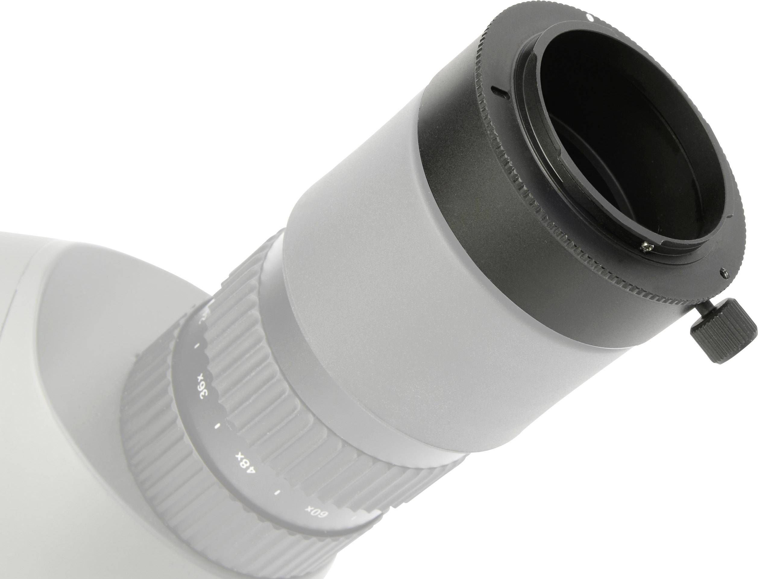 Jednostka obiektywu mikroskopu w zbliżeniu, z pokrętłem regulacji ostrości.