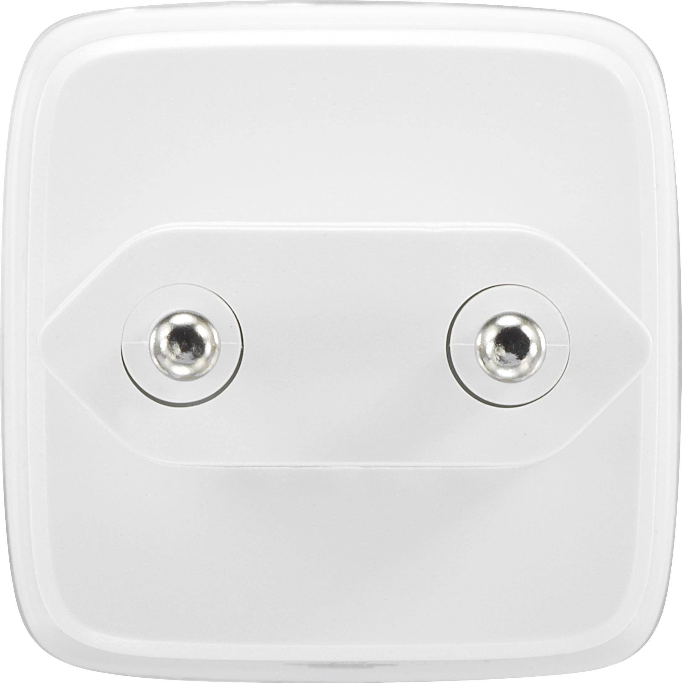 Biały adapter wtykowy z dwoma okrągłymi stykami metalowymi, stosowany do połączeń elektrycznych.