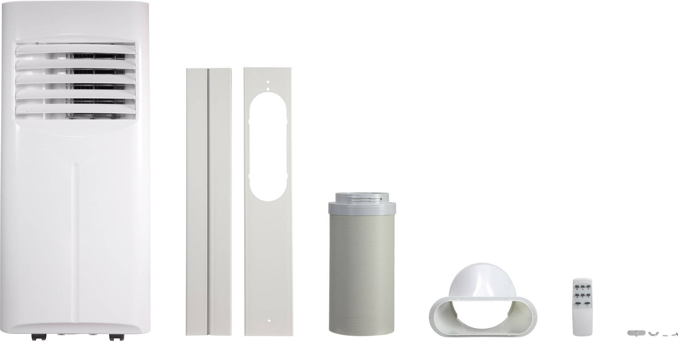 Przenośny klimatyzator z elementami wyposażenia, takimi jak wąż odprowadzający powietrze, uszczelnienie do okna i pilot zdalnego sterowania, ustawione obok siebie.