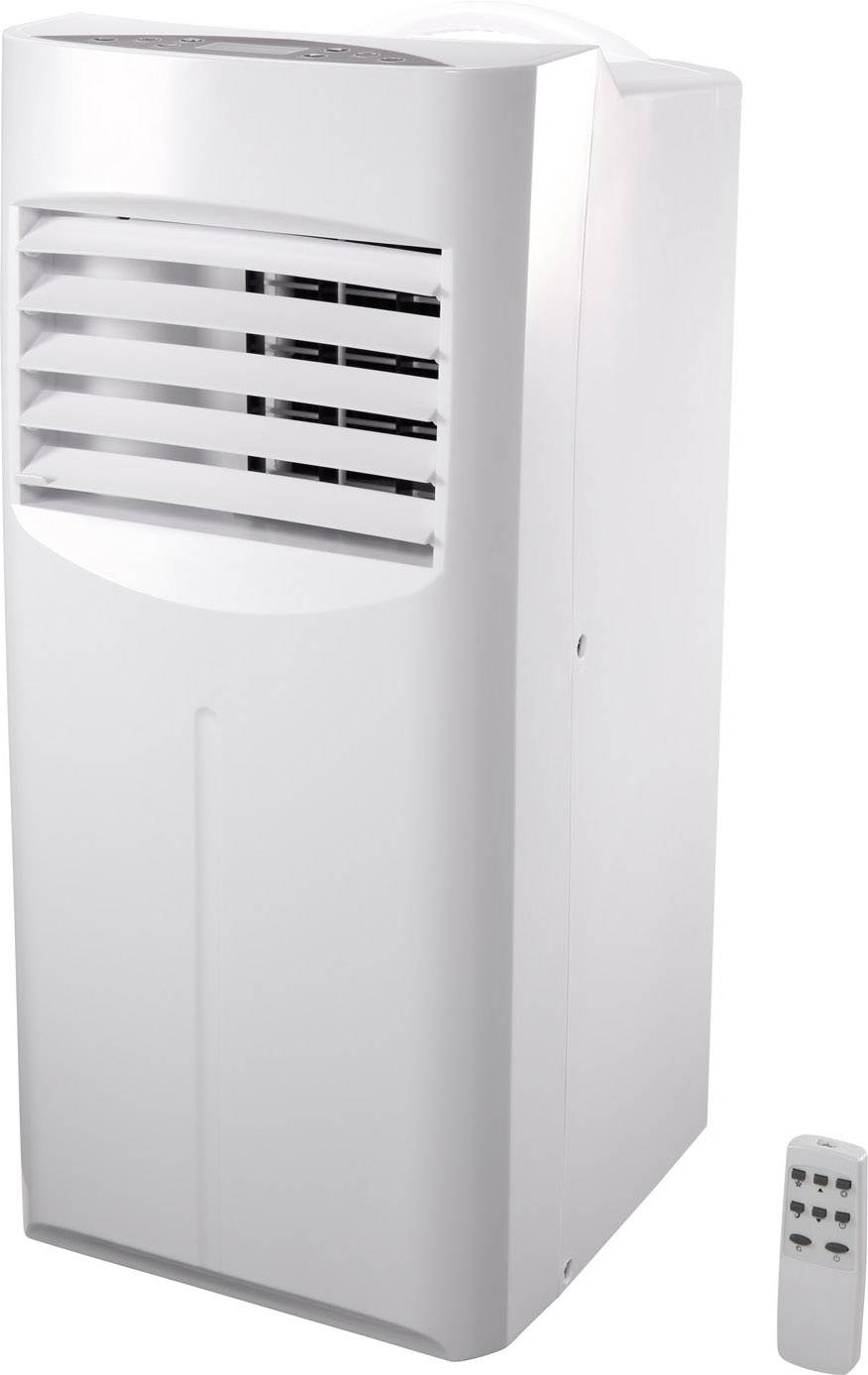 Białe przenośne urządzenie klimatyzacyjne z otworami wentylacyjnymi i pilotem. Idealne do schładzania powietrza we wnętrzach.