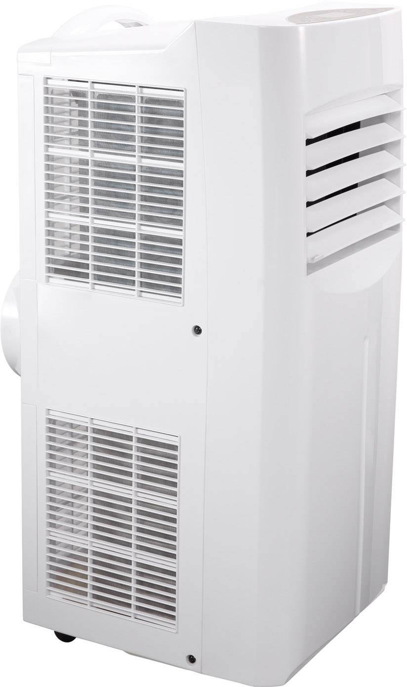 Biały, mobilny osuszacz powietrza z kratkami wentylacyjnymi z przodu i uchwytem z boku. Stoi na kółkach dla łatwego przemieszczania.