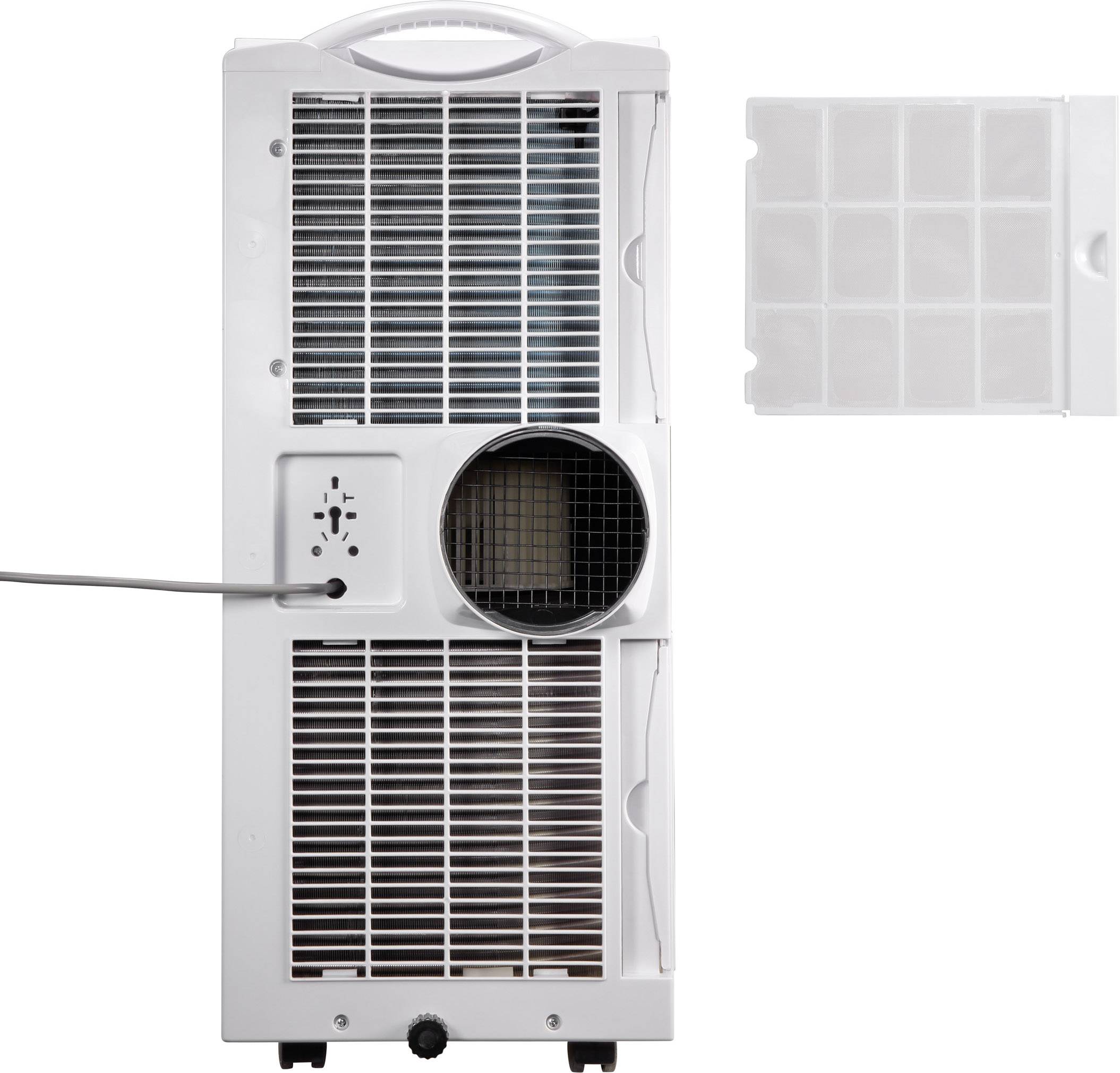 Biały klimatyzator widziany od tyłu z zdjętym filtrem leżącym obok. Widoczne są kratki wentylacyjne i przewód.