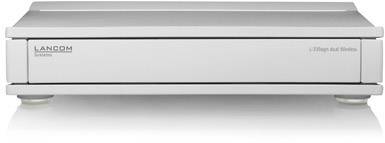 Biała sprzęt sieciowy firmy Lancom Systems, model 'L-17xx', na szarym tle. Płaski design, z charakterystyczną płytą czołową.