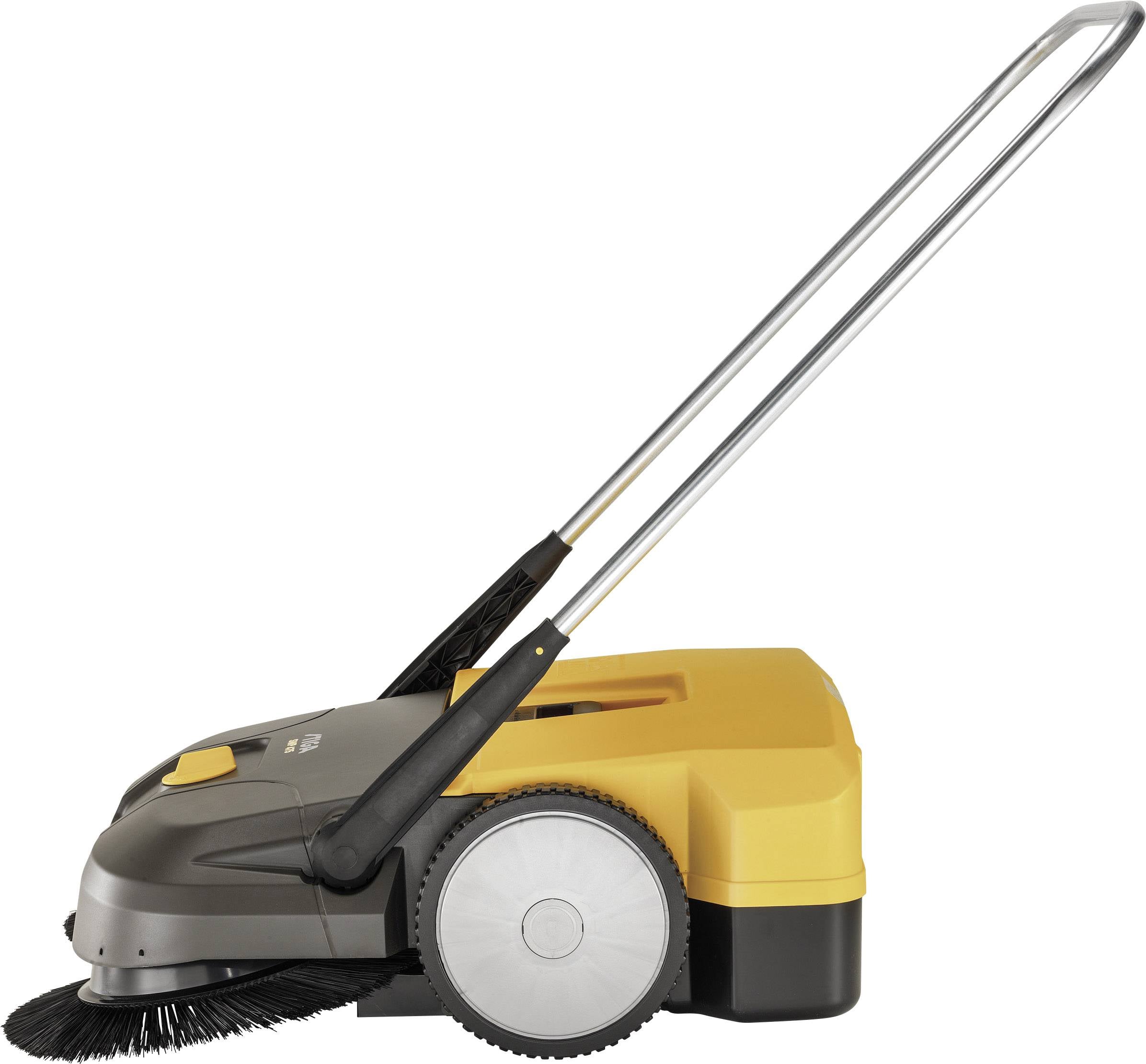 Ręczna zamiatarka widziana z boku. Posiada żółte i szare elementy z dużym kołem i szczotką, przeznaczona do sprzątania na zewnątrz.