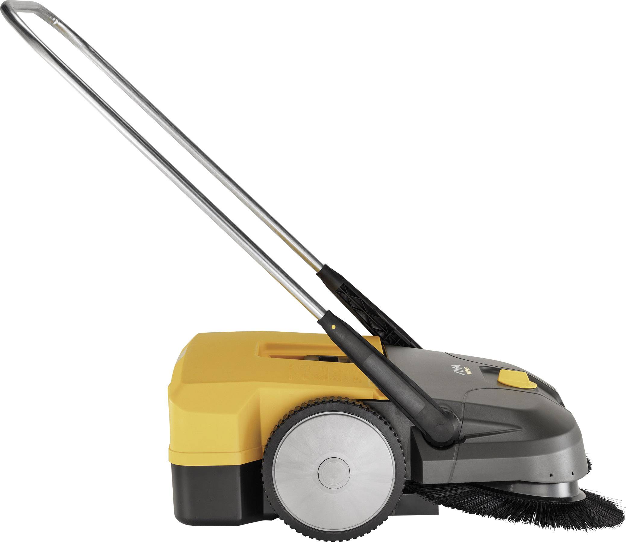 Maszyna zamiatająca o żółtej obudowie, z boczną szczotką i długimi uchwytami, idealna do wydajnego sprzątania dużych powierzchni.