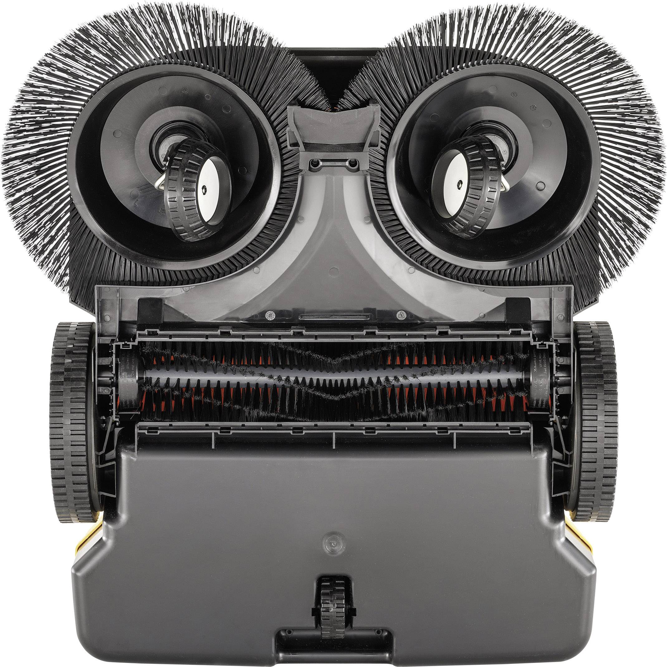 Obraz spodu robota odkurzającego z dwoma dużymi szczotkami i kołami zaprojektowanymi do czyszczenia podłóg.