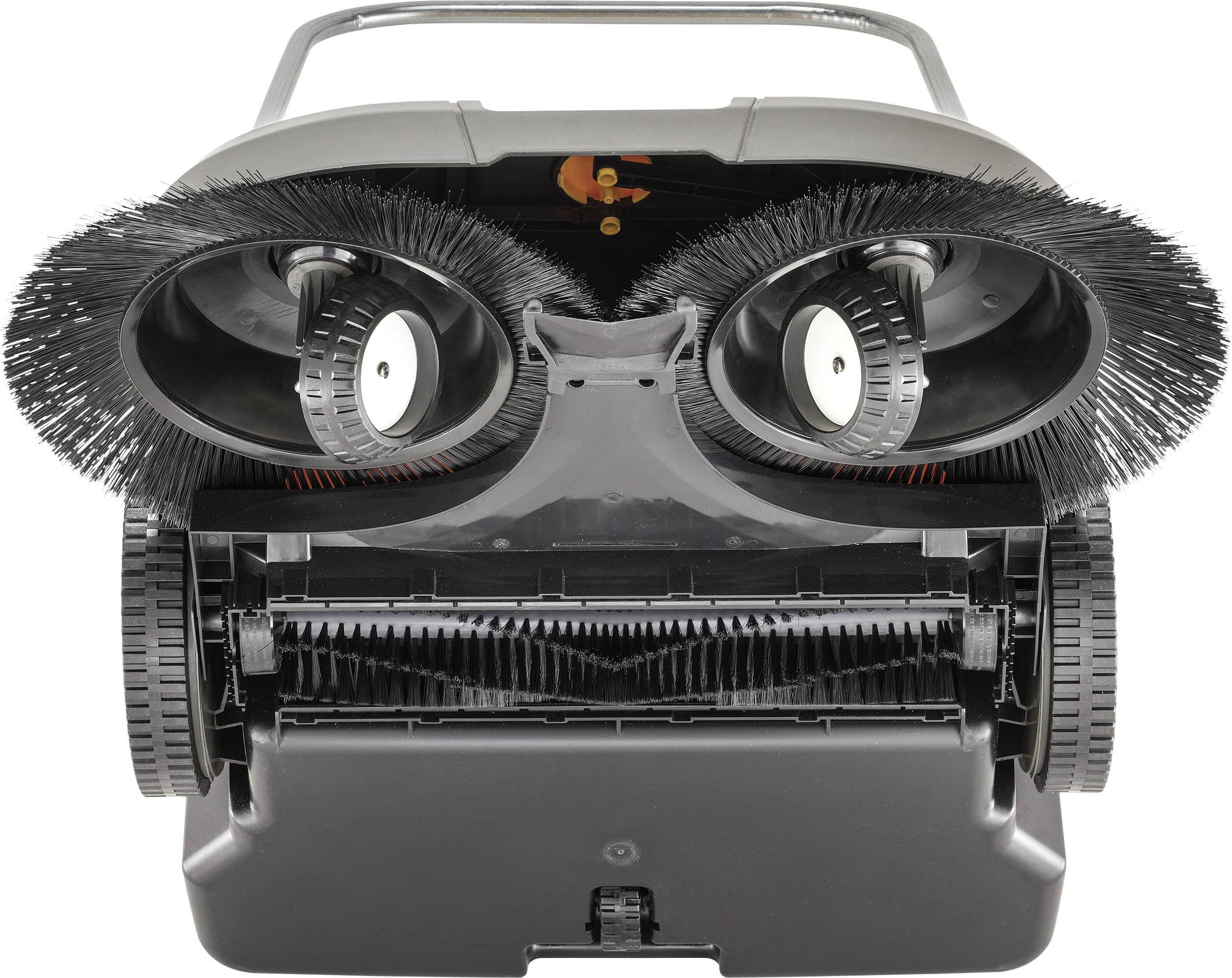 Robot sprzątający z dwoma dużymi okrągłymi szczotkami i szerokim wałkiem poniżej. Zaprojektowany do efektywnego czyszczenia podłóg.