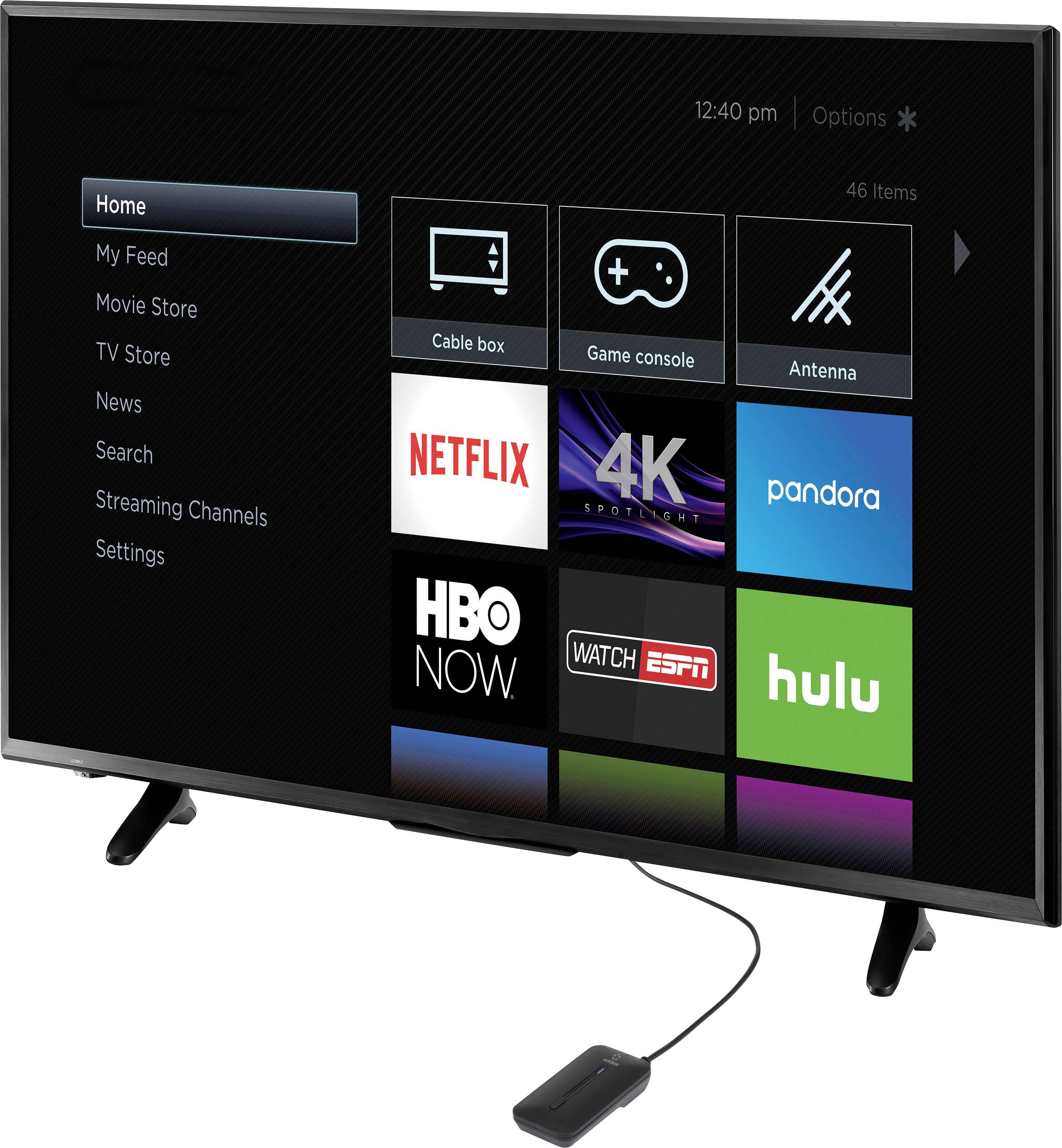 Inteligentny telewizor z menu wyświetlanym na ekranie, prezentujący różne serwisy streamingowe, w tym Netflix, HBO Now i Hulu. Opcja wyboru kanałów.