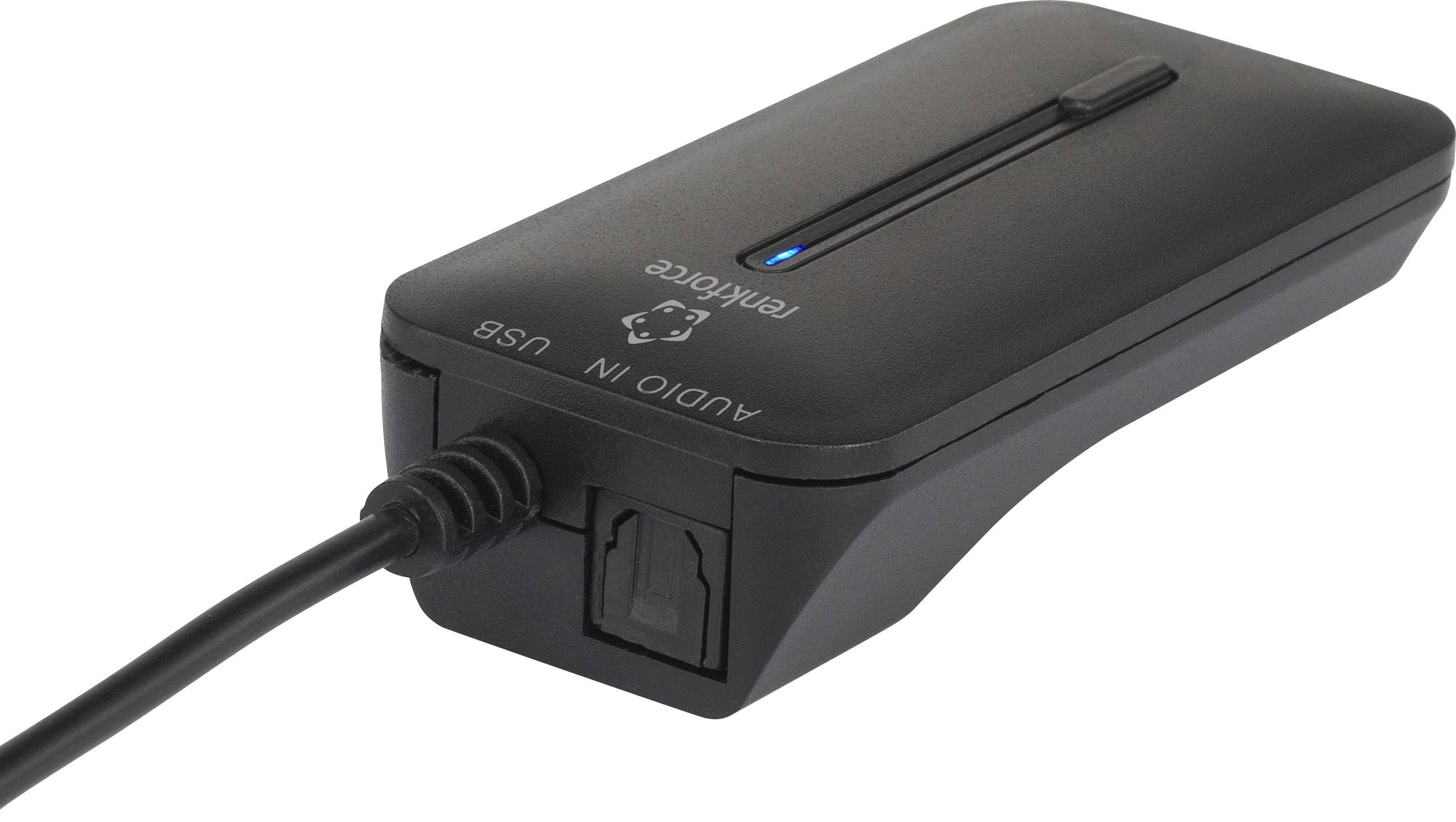 Czarny konwerter USB audio z przewodem. Urządzenie do wejścia i wyjścia dźwięku, wyposażone w niebieski wskaźnik LED i logo 'Revoltec'.
