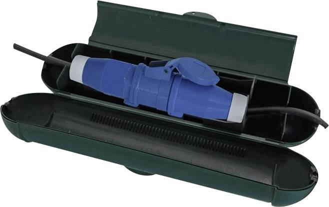 Niebieski wtyk z kablem znajduje się w otwartej, zielonej obudowie ochronnej.