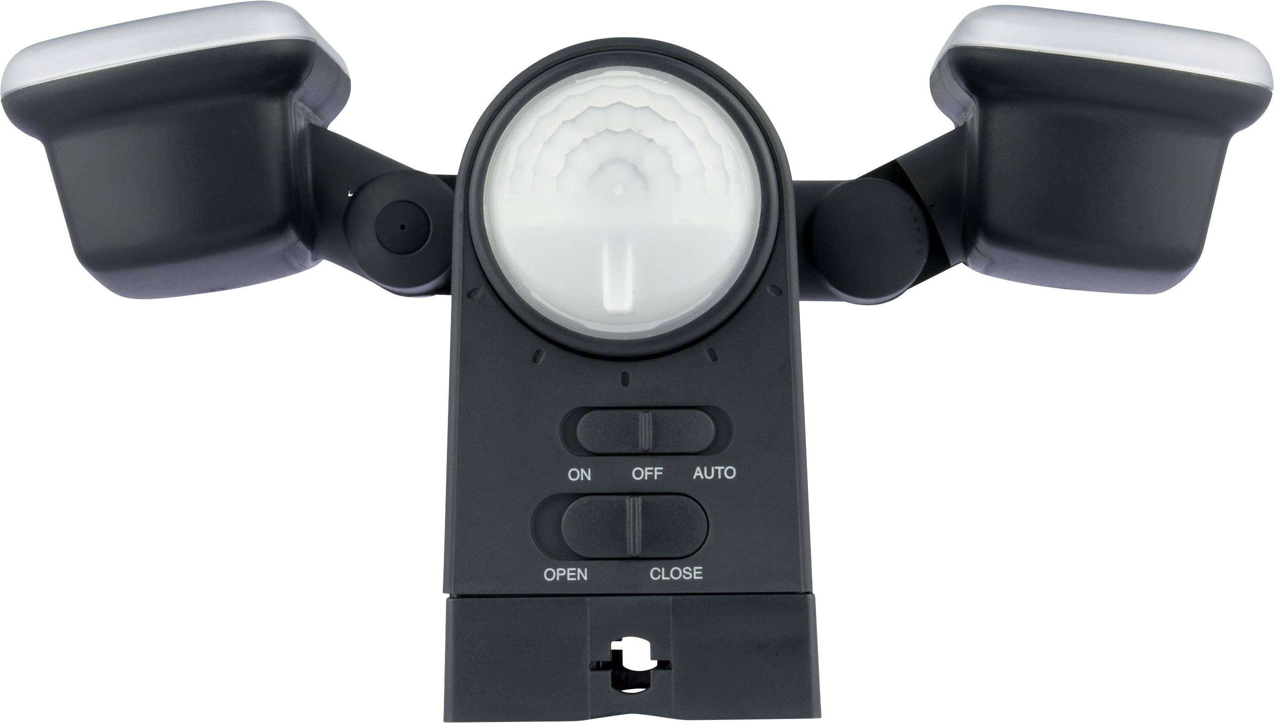 Czarny czujnik ruchu z dwoma regulowanymi reflektorami LED i centralną jednostką sensoryczną, pod którą znajdują się przyciski sterujące 'WŁ', 'WYŁ', 'AUTO'.