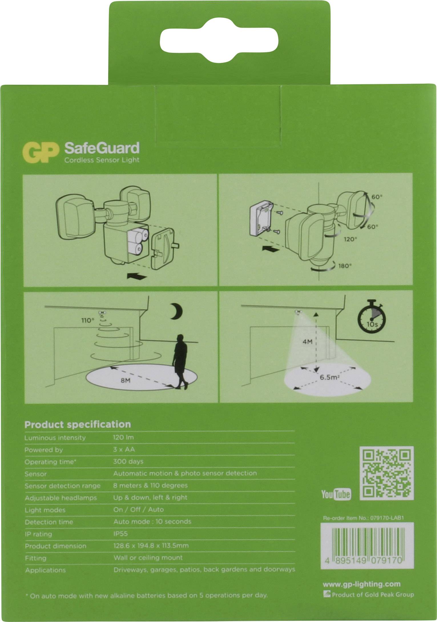 Opakowanie bezprzewodowego światła sensorowego 'GP SafeGuard'. Zawiera diagramy instalacyjne oraz specyfikacje, takie jak 120 lumenów i detekcja ruchu.