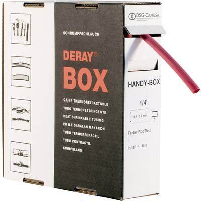 Pudełko na termokurczliwe rurki marki 'DERAY BOX' z czerwoną rurką, opisane w kilku językach, z napisem 'HANDY-BOX'.