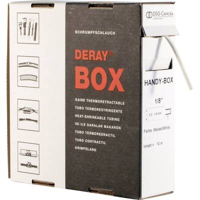 Pudełko 'Deray Box' zawiera biały termokurczliwy przewód. Długość: 10 m, średnica: 1/8''.