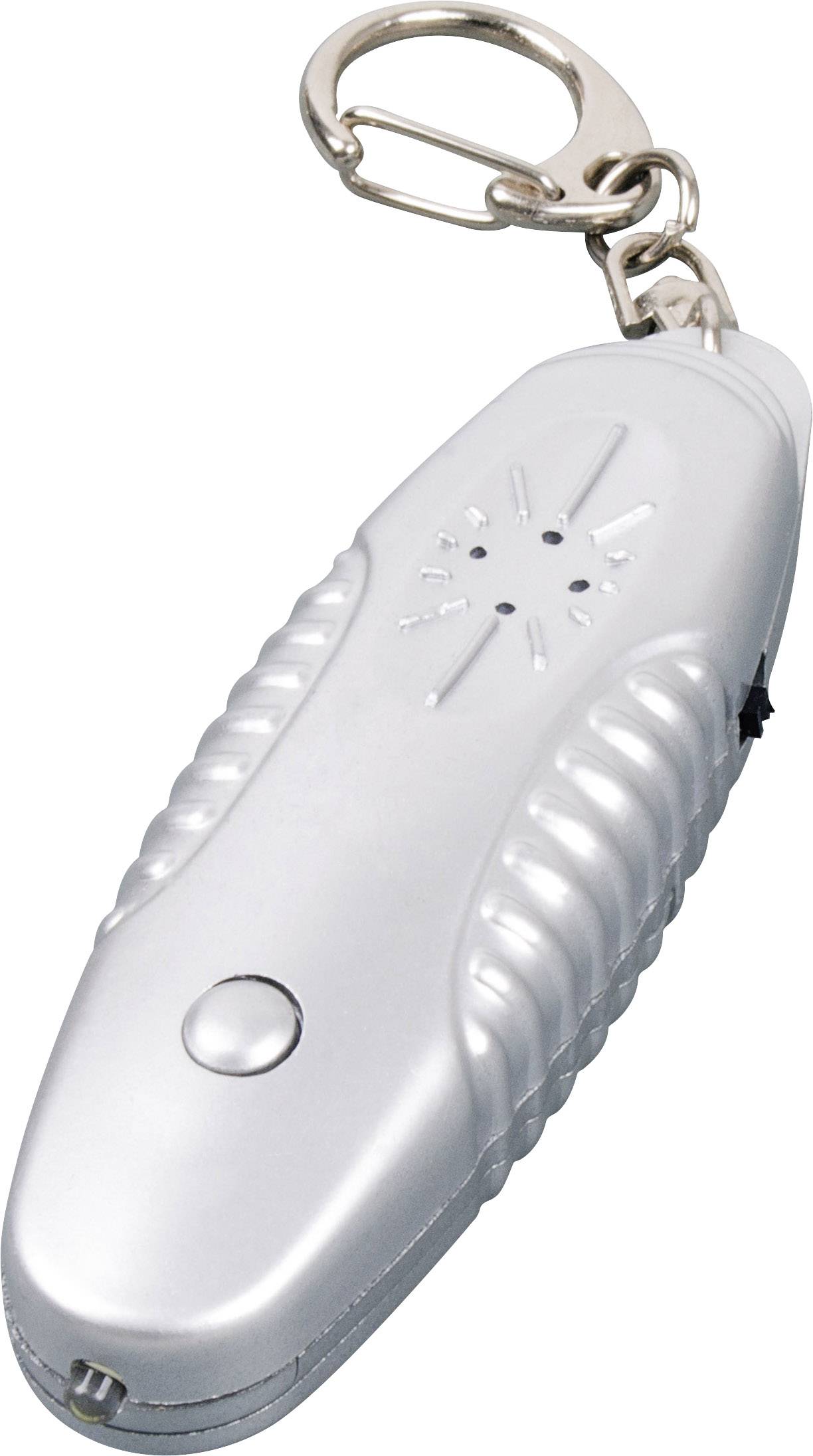 Srebrny otwieracz do drzwi w kształcie owalu z przyciskiem i breloczkiem, odpowiedni do bezdotykowego otwierania drzwi.