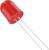 Czerwona dioda LED z dwoma srebrnymi stykami na białym tle, przedstawiająca widok z przodu diody świecącej.