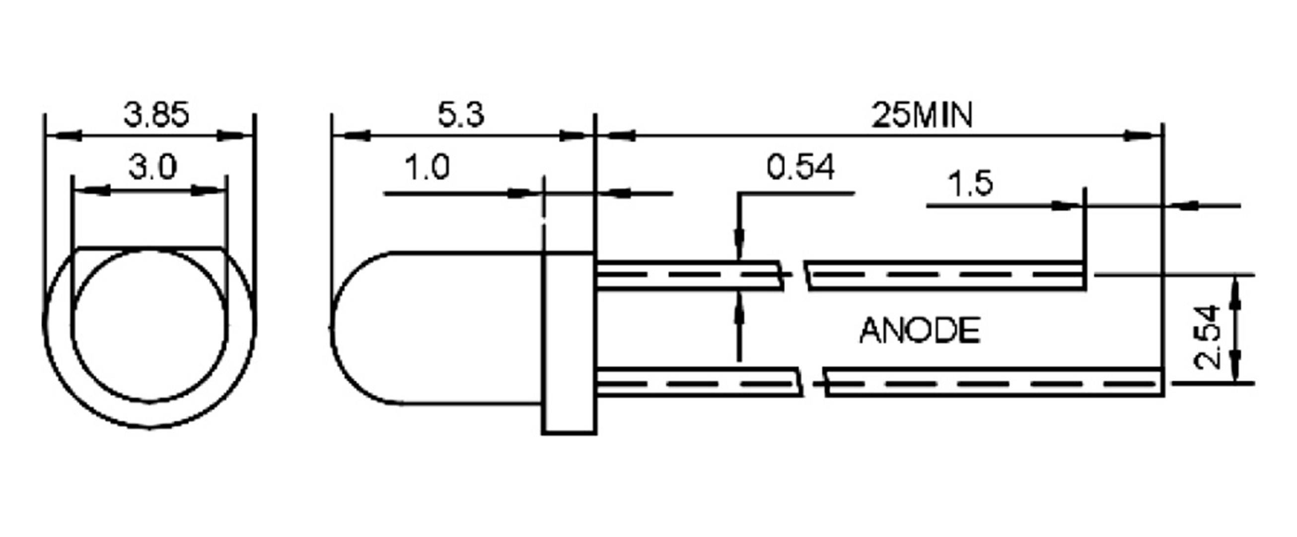 Schemat diody LED z wymiarami: Średnica 3,0 mm, Długość 5,3 mm, Rozstaw pinów 2,54 mm, Oznaczenie 'ANODA' przy jednym z pinów.